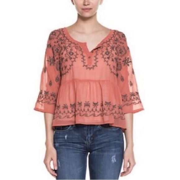 Free People Pennies Sequel Embroidered Top coral Peach small boho sheer - Picture 9 of 9